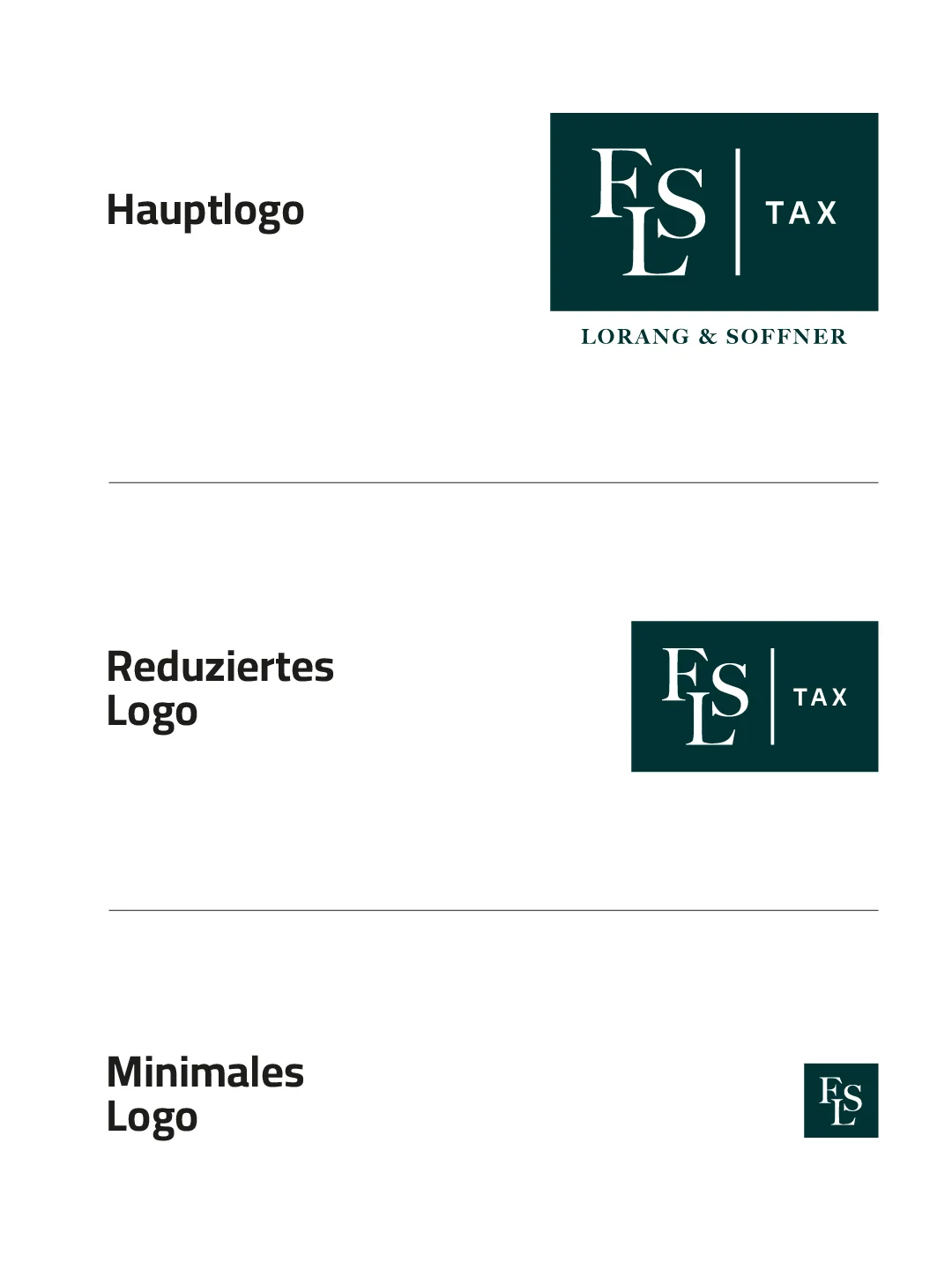 FLS Tax Logovarianten: Haupt-, reduziertes und minimales Logo