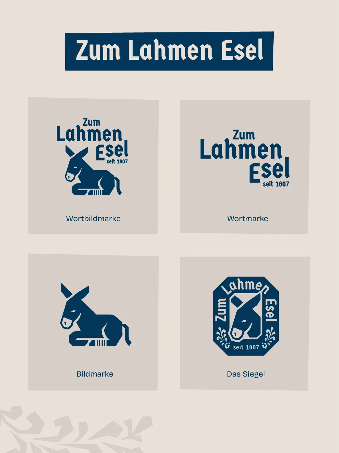 Zum Lahmen Esel Logovarianten: Wortbildmarke, Wortmarke, Bildmarke, Siegel