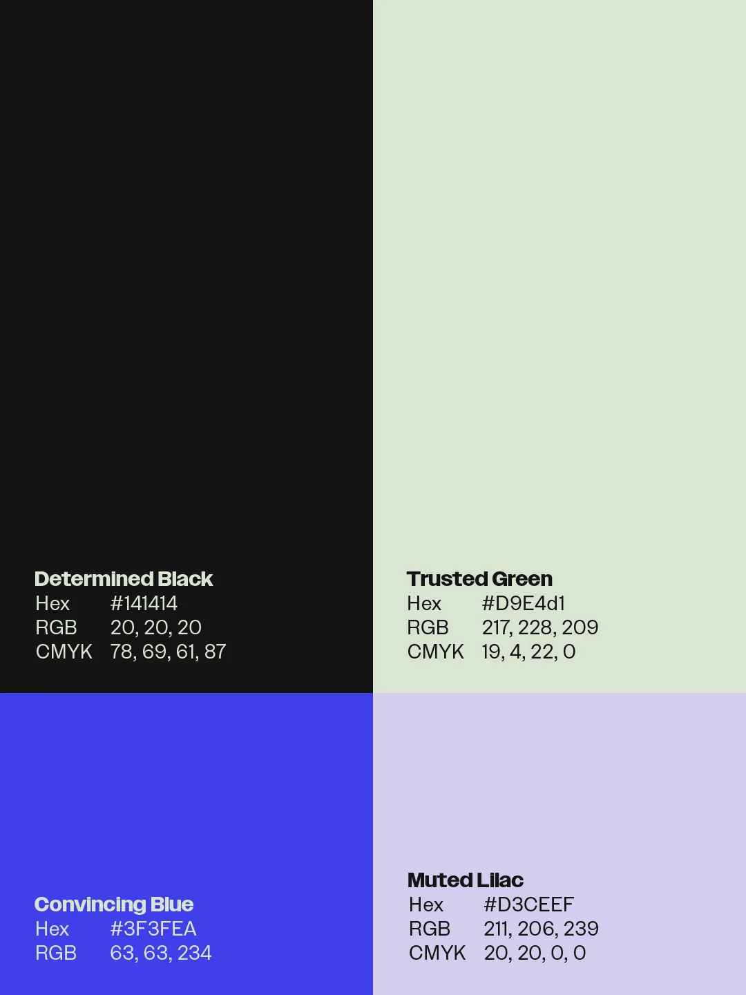 taxelite Farbpalette: Determined Black, Trusted Green, Convincing Blue, Muted Lilac